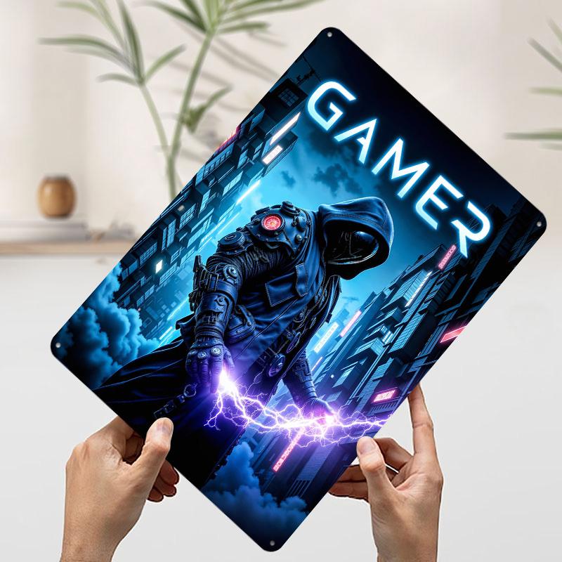 Cyborg Gamer Tinplate Poster Customized Wall Art Vintage Retro Metal Signs for Modern Home Decoration Luxury Desk Decor Man Cave