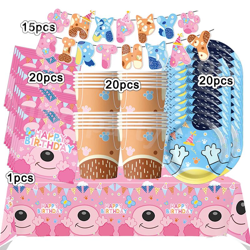 Cartoon Blue Dog Birthday Party Decoration Pink Dog Disposable Tablecloth Cup Bingo plate Baby Shower Kids Favors Party Supplies