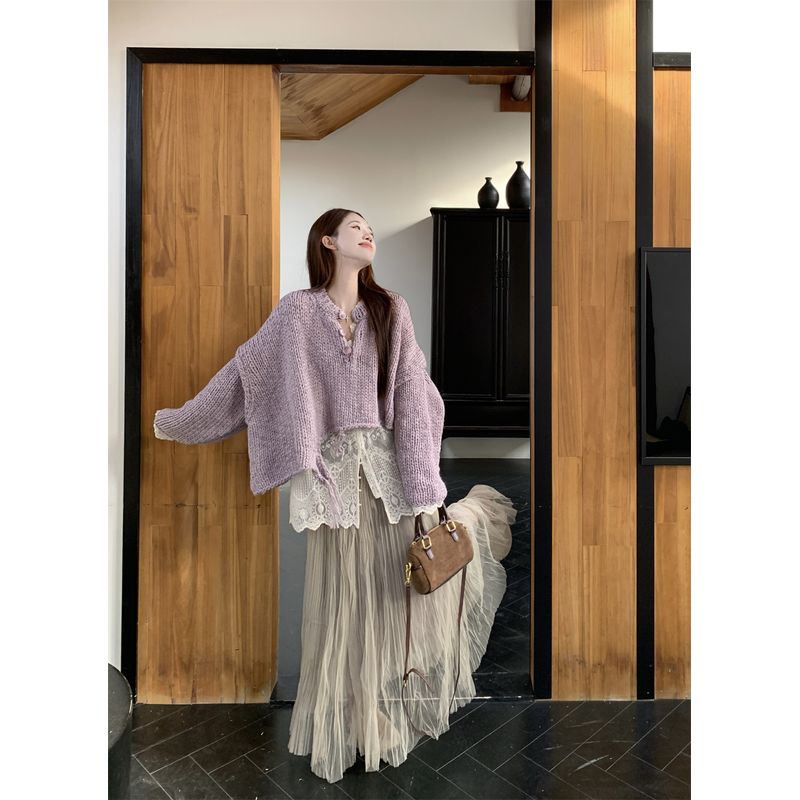 

Kumikumi Design Sense Purple Long sleeve Sweater Inner wear Lace blouse Women Autumn Slimming Skirt Three-Piece Set Gauze skirt One size