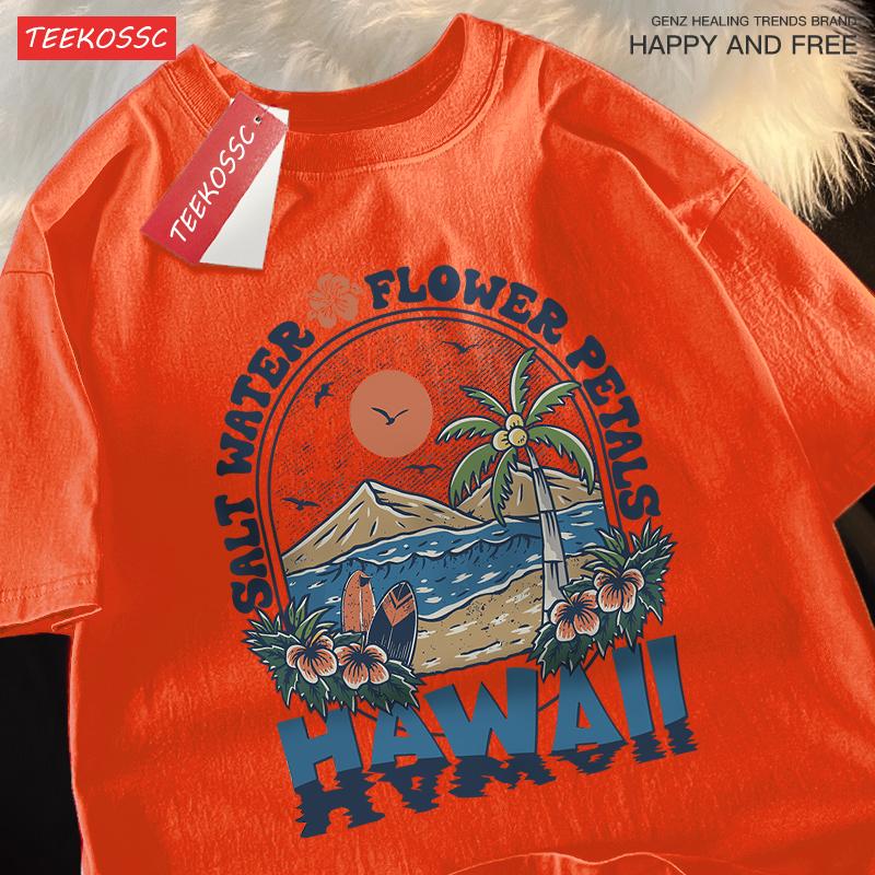 

Лепестки цветов с соленой водой Гавайская одежда для мужчин и женщин Летняя футболка Harajuku с рисунком из хлопка Модные дышащие топы для пар 4XL