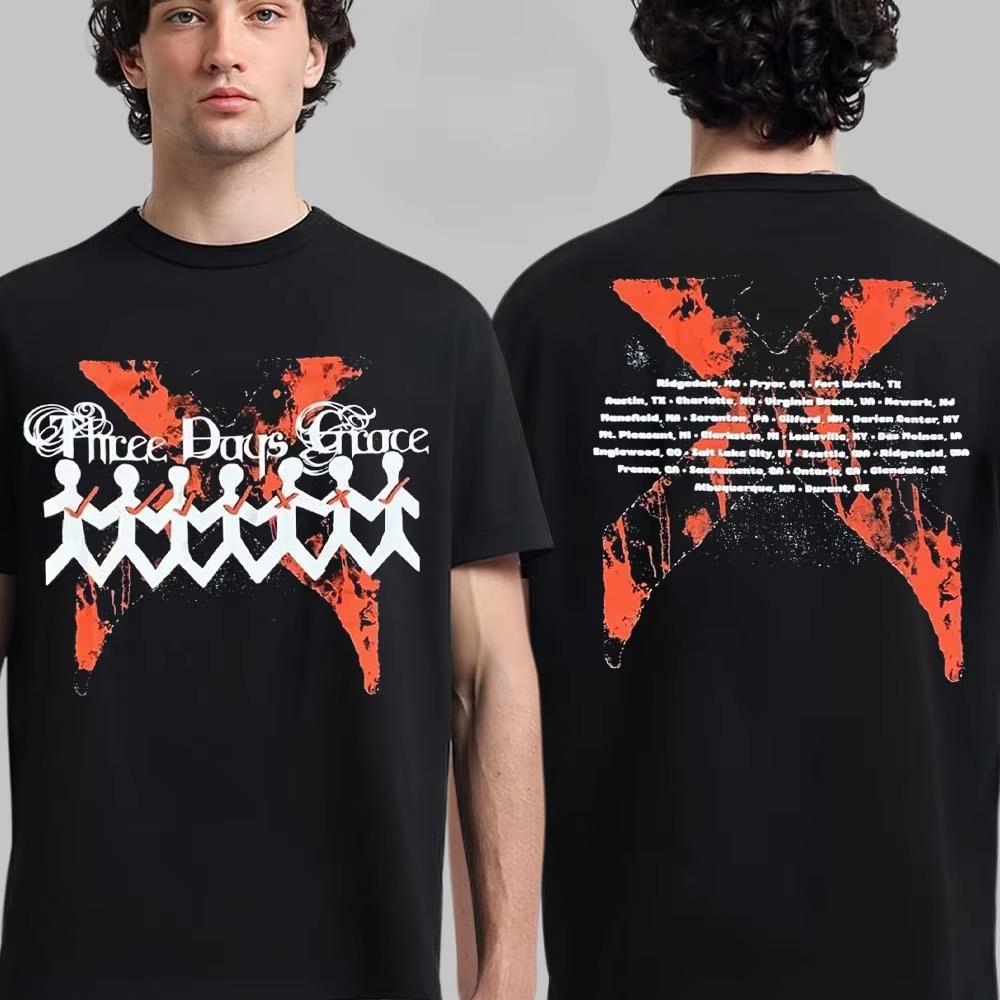 MultiEleUnisext Brushstroke Print Tee Rock Band Streetwear Casual Unisex Top for Fans Three Days Grace Tour Dates Graphic Tee