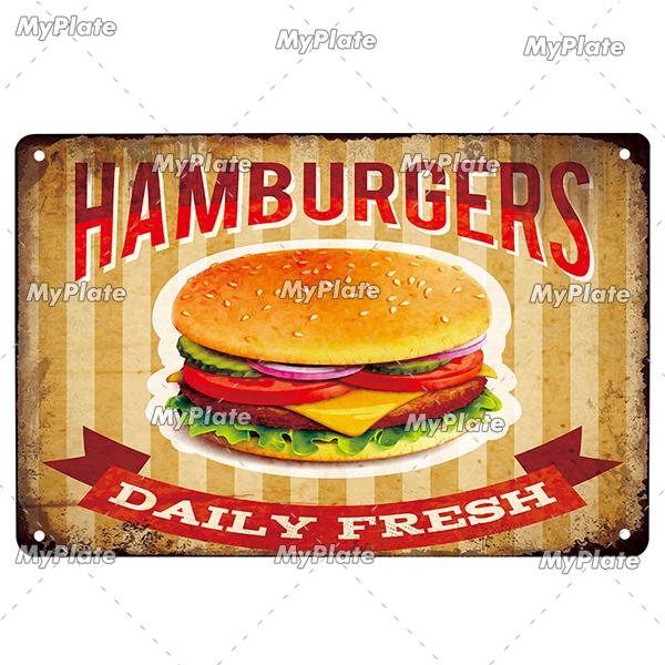 [MyPlate] Hamburger Metal Sign Plaque Metal Vintage Tin Sign Wall Decor For Club Man Cave Bar Decoration Tin Plate