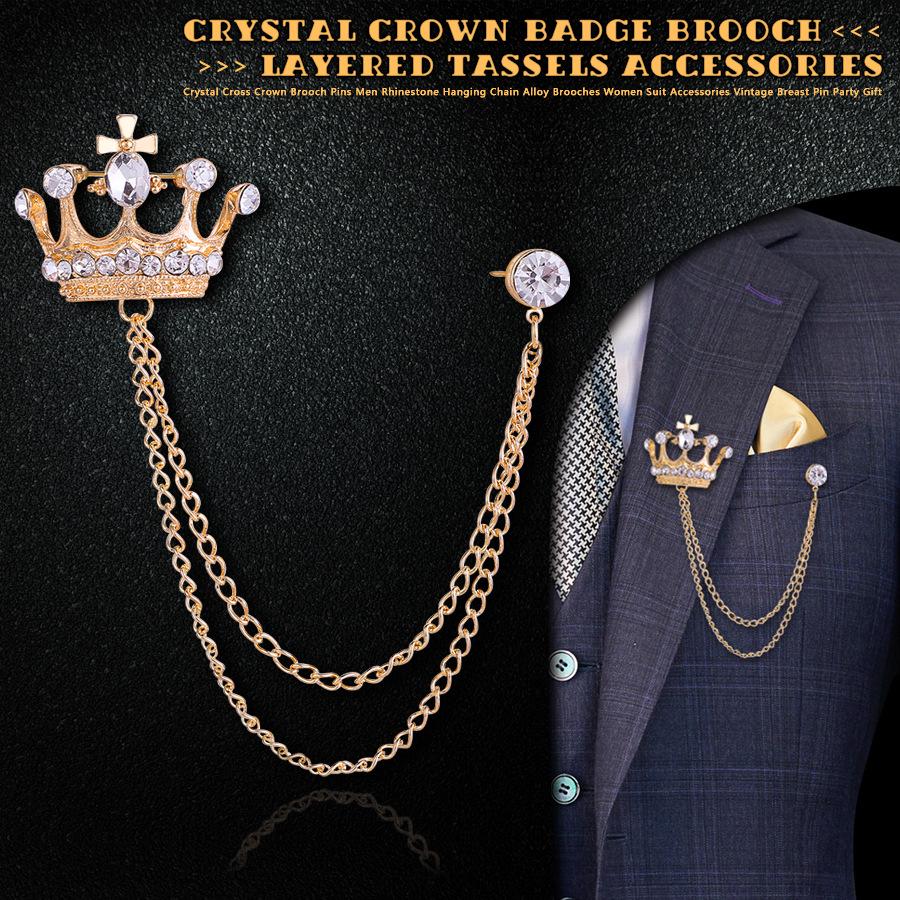 Silver Crown Brooch with Crystal Rhinestones and Double Layer Tassel