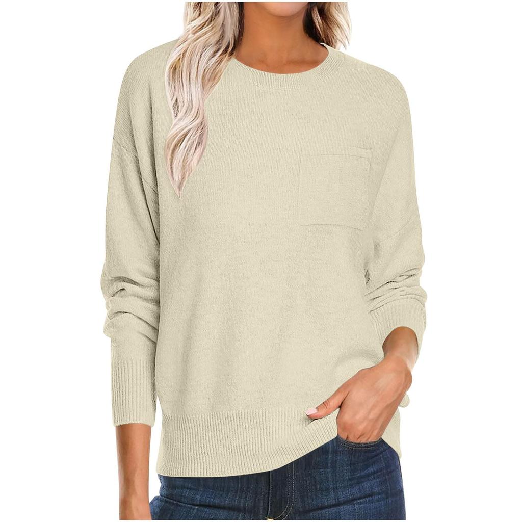 Women's Fashion Round Neck Pullover Sweater Casual Versatile Solid Color Knit Top