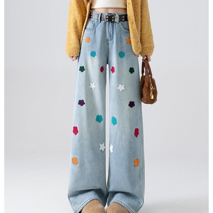 Floral Embroidered Wide Leg Pants Women Fashion Loose High Waist Slim Long Trousers