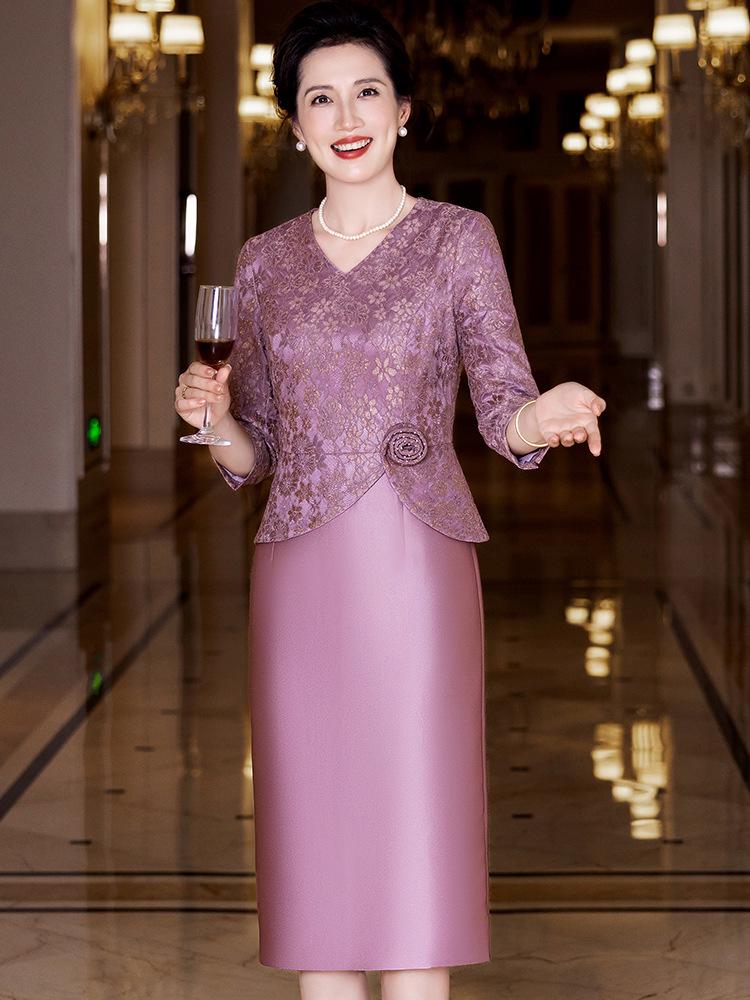 2025 Autumn Elegant V-neck Slimming Purple Lace Dress for Young Moms