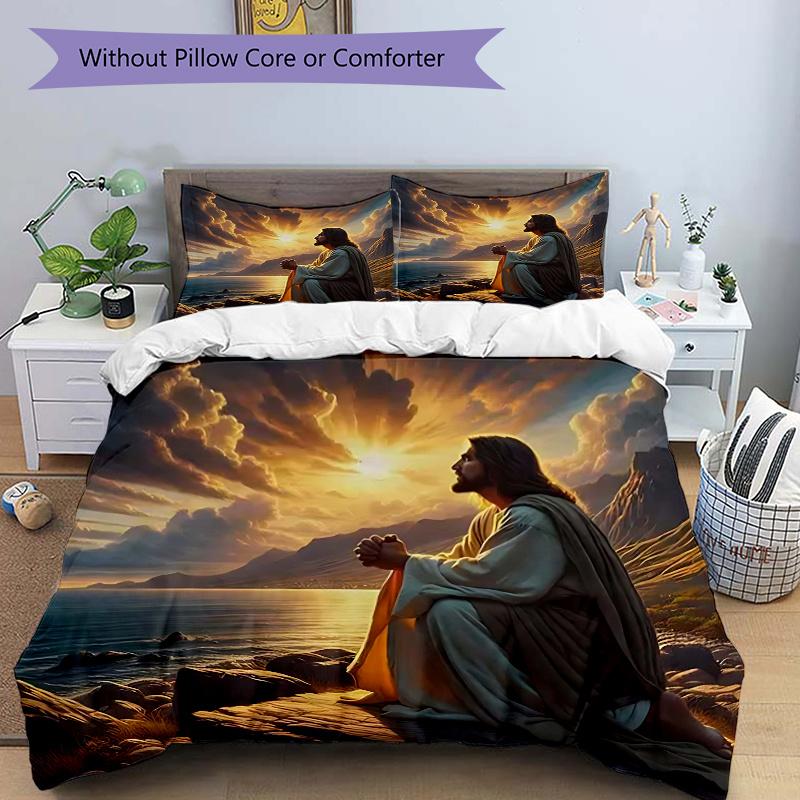 

3pcs Anime Jesus Prayer Sunset Scene Comforter Set with 1 Comforter and 2 Pillowcases (No Core) - Home Decor, Holiday Gift, Polyester Fabric, Anime Ca 135x200cm