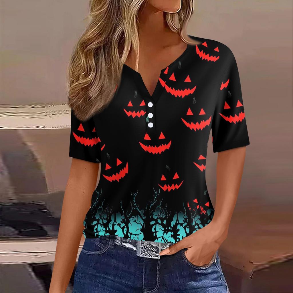 Women's T Shirt Tee Halloween Printed Button Short Sleeve Tunic Daily Weekend Fashion Basic V- Neck Regular Top