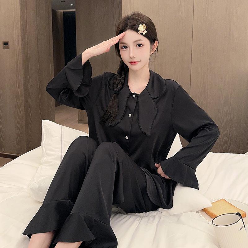 New pajamas women's ice silk long-sleeved trousers lapel Korean version solid color can be worn outside silk loungewear suit