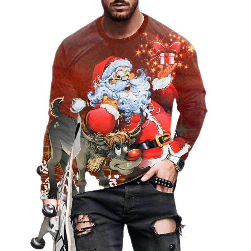 Herren T-Shirts Weihnachten Herren Neu Rundhals Langarm Street Fashion 3D Gedrucktes Herren T-Shirt
