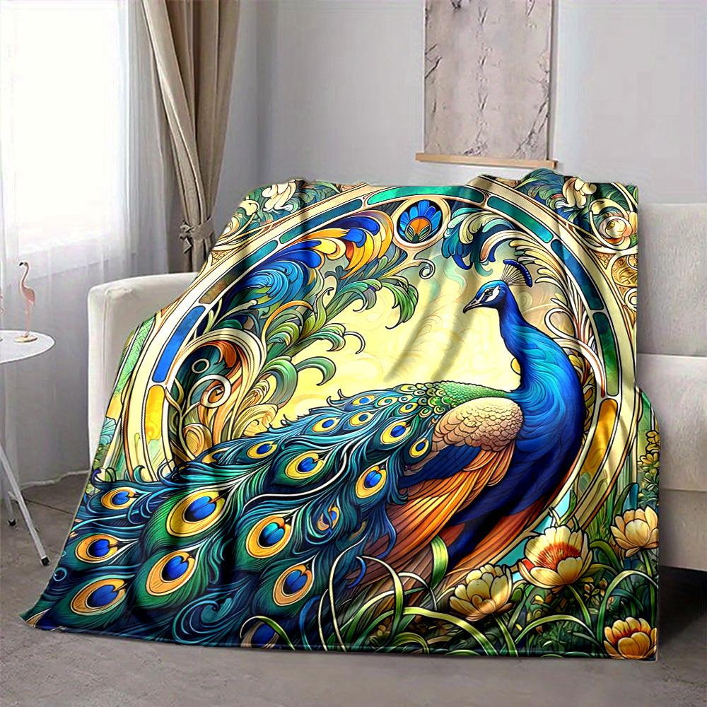 1pc Peacock Garden Lightweight Flannel Blanket, Comfortable and Warm Blanket, for Office and Camping Sofa Bed, Livingroom194