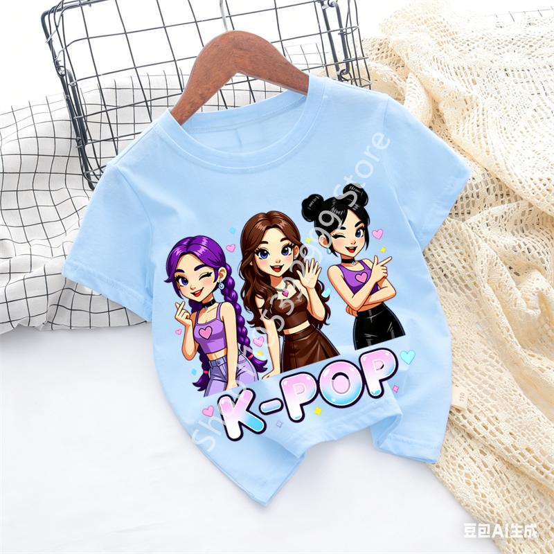 2026 Girls KPOP Idol Group Print Short Sleeve Boys and Girls TShirt Cute Cartoon Graphic Tee Kids Summer Casual Top