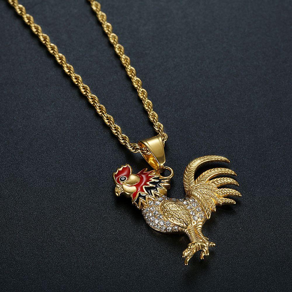 Stainless Steel Titanium Hip Hop Bling Chicken Cock Animal Pendant Collar Chains Punk Necklace for Men Women Gift Jewelry