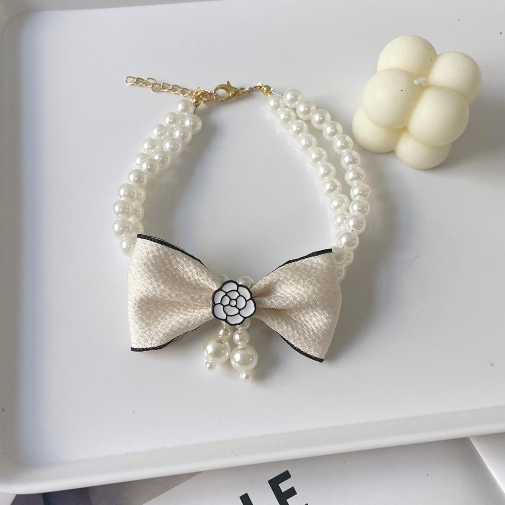 Style French Bow Double Pearl Beaded Pet Collar Neck Ring for Cats Dogs