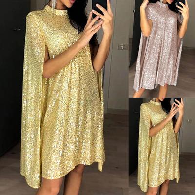 Damenmode Sexy Solid Stehkragen Pailletten Lose Mantelärmel Kleid
