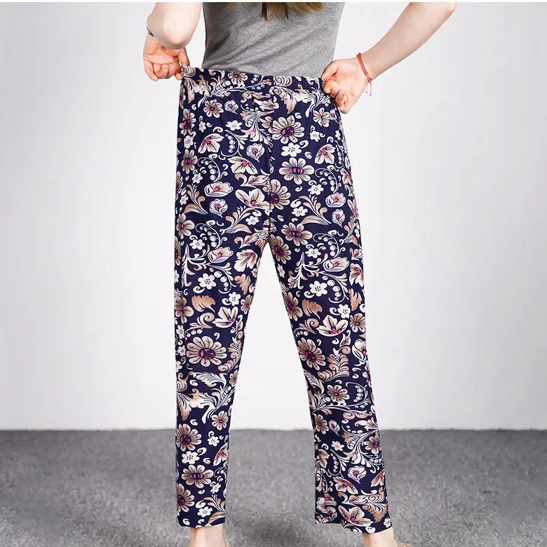 WTEMPO Women's Spring Summer Elastic High Waist Thin Printed Ice Silk Wide Leg Pants Mother's Loose Cropped Pants