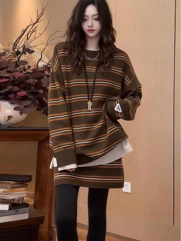 2026 Women's Striped Knit Sweater & Skirt Set - Age-Defying, Versatile, Warm Two-Piece for Fall/Winter