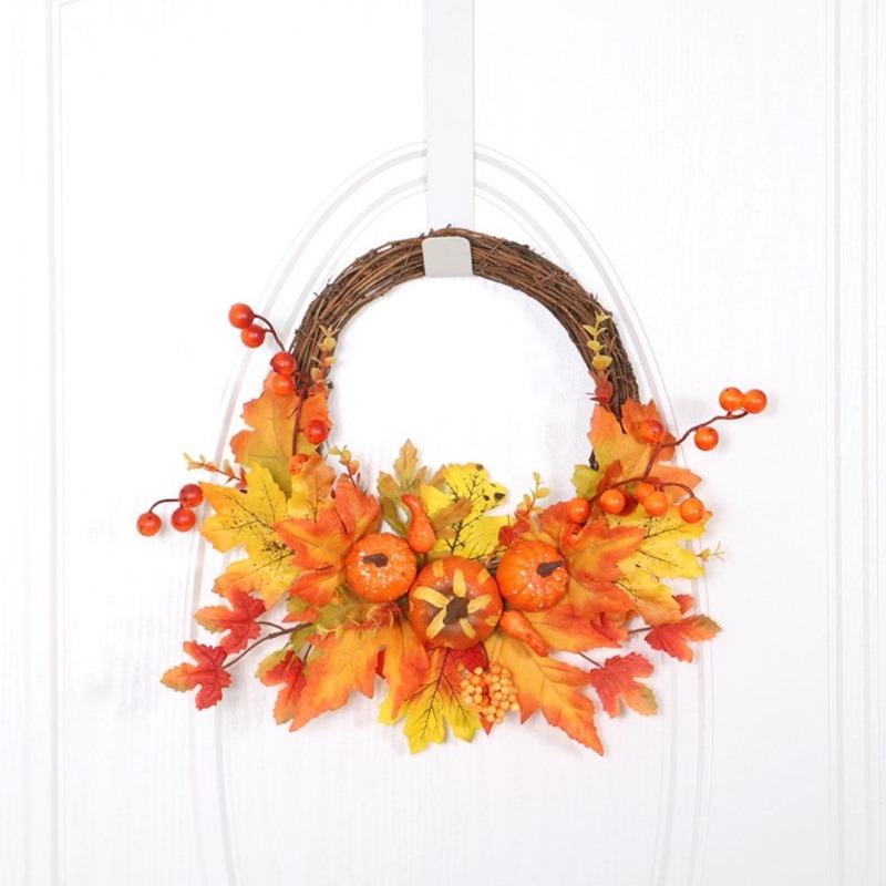 New 14 Inch Artificial Fall Rattan Wreath Harvest Thanksgiving Halloween Home Decor for Front Door with Pumpkins Maple Leaf Berry