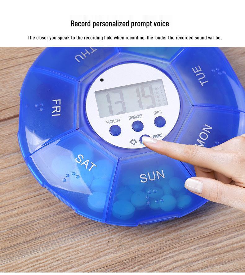Electronic Timed Pill Box with Pre-recorded Alarm Reminder for Medication