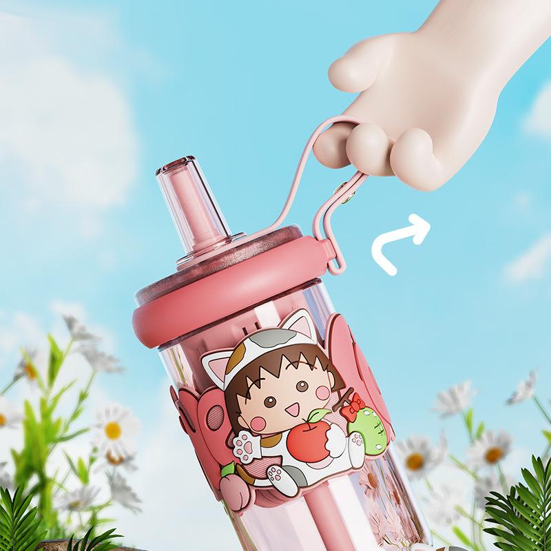 660ml Kawaii Chibi Maruko Chan Water Cup Cute Plastic Straw Cup BPA-Free Transparent Kids Bottle Birthday Gift for Girls