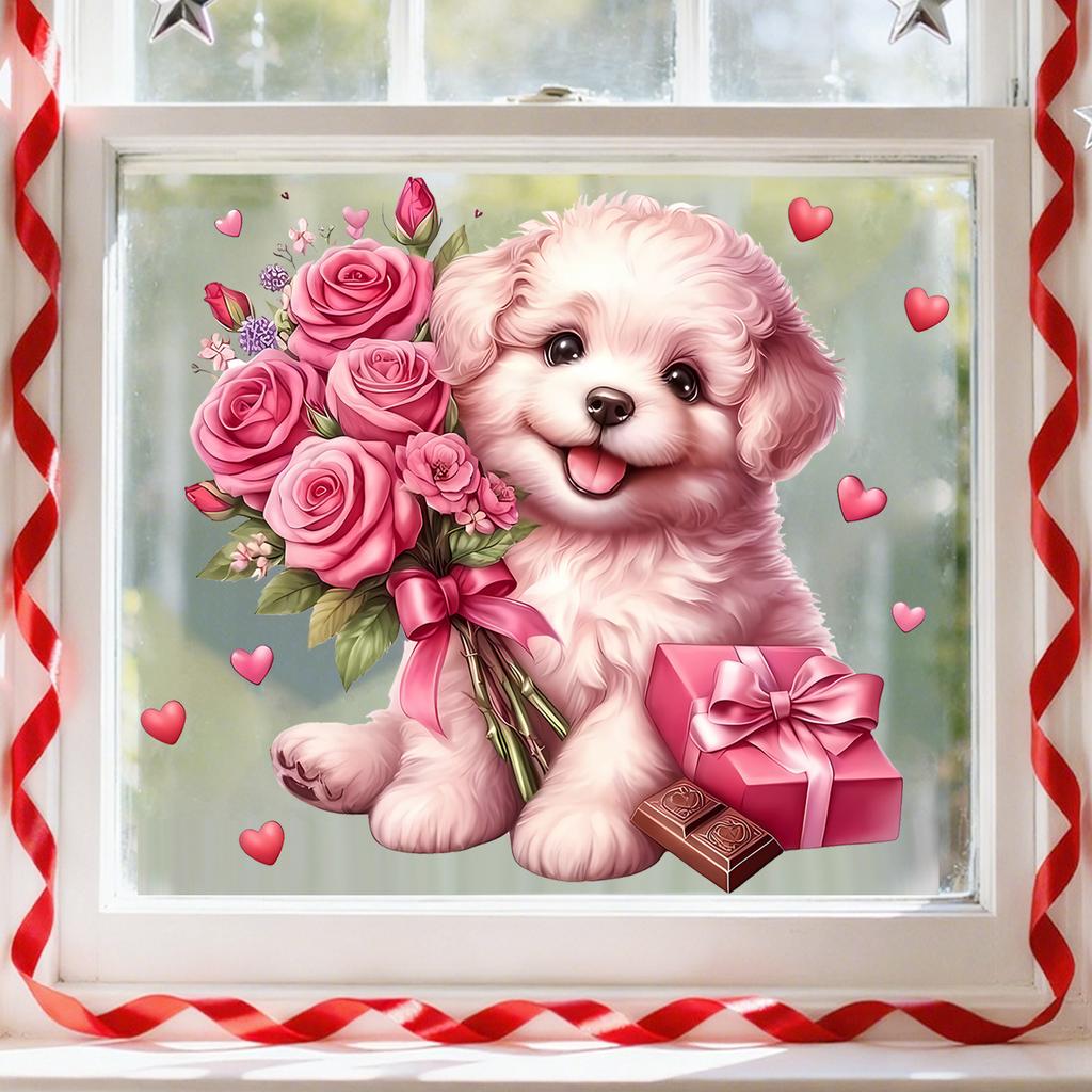Dog Holding Flowers and Hearts Static Cling Window Stickers No Glue Needed for Bedroom Living Room Balcony Removable Reusable