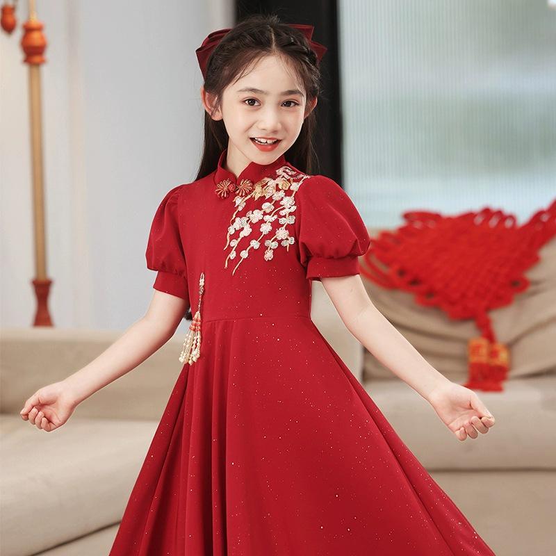 Summer Girls' Red Qipao - Chinese Style Formal Dress for Medium & Large Kids