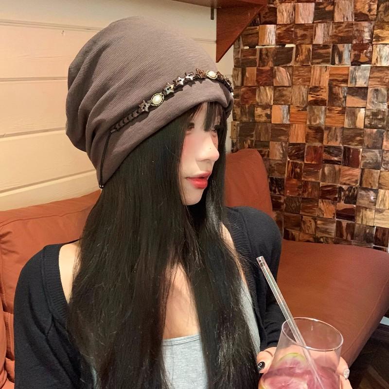 2025 Czapka typu slouchy w stylu koreańskim z koralikami: Damska prosta czapka beanie na wiosnę/jesień dla dużego obwodu głowy