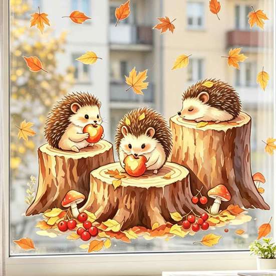Fall Holiday Window Ornaments Little Hedgehog Tree Stump Static Sticker, Watercolor Decorative Removable Glass Clings Decal, Reusable PVC Cling