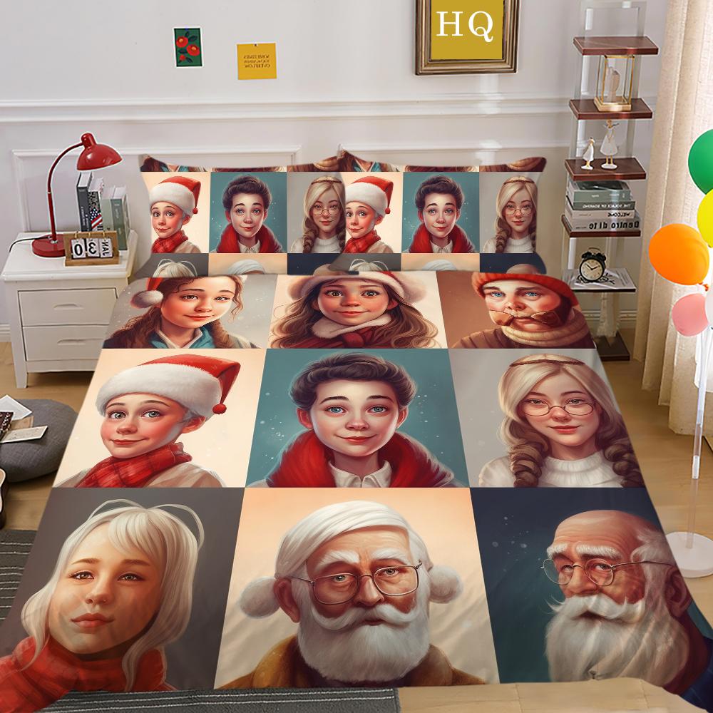 3D Microfiber Fabric Christmas Bedding Set Santa Claus Quilt Cover Pillowcase 2 or 3 EU220 * 240 Full-size Quick Drying Easy Cleaning Home Decoration