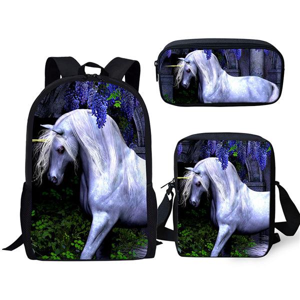 Classic Novelty Unicorn Horse 3D Print 3pcs/Set Pupil School Bags Laptop Daypack Backpack Inclined Shoulder Bag Pencil Case