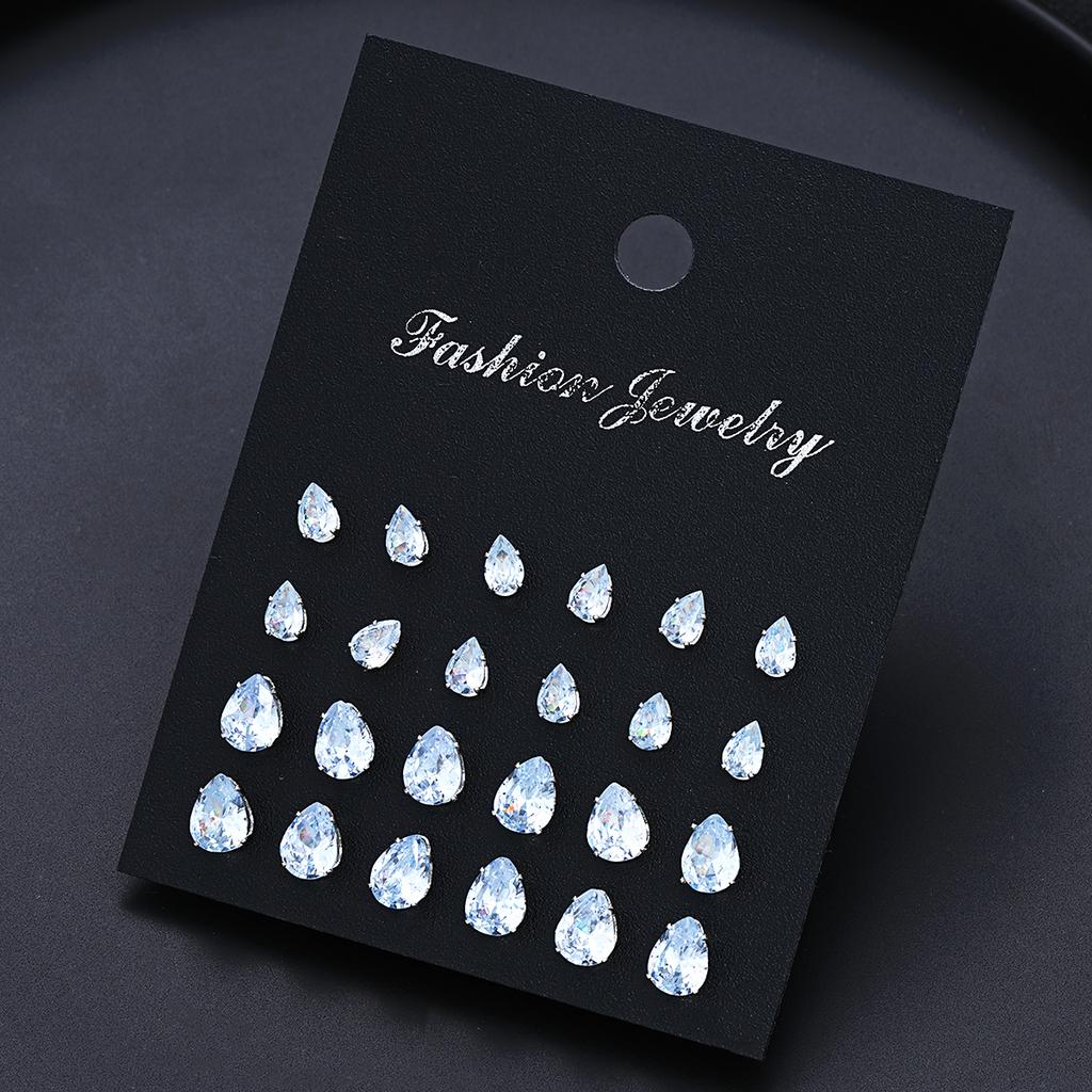 24 Pcs Shiny Zircon Stud Earrings Set for Women Daily Versatile Chic Silver Color Crystal Water Drop Ear Jewelry Accessories New