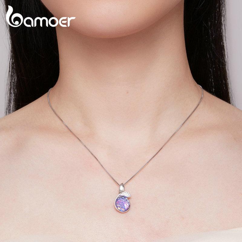 BAMOER 925 Sterling Silver Mermaid Fishtail Pendant Necklace Colorful Fish Scales Neck Chain for Women Fine Jewelry Gift