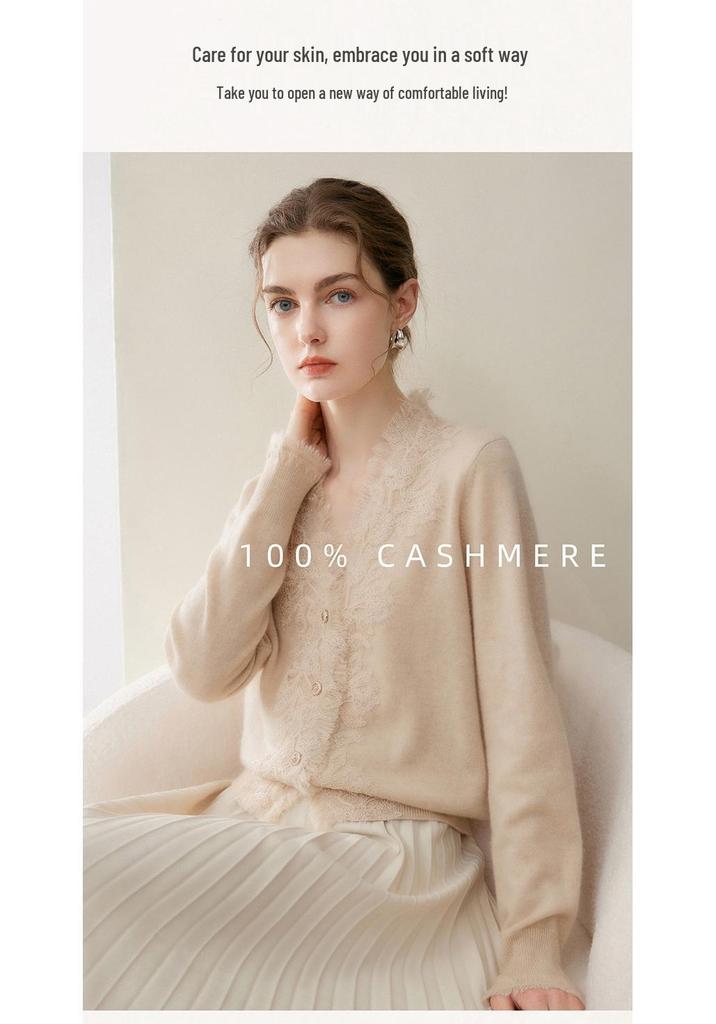 100% Pure Cashmere Women's V-Neck Tassel Lace Knit Cardigan, 2026 Autumn/Winter Slim-Fit Outerwear