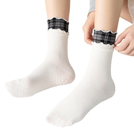 1 Pair Yoga Socks with Non-slip Gripper Double Ruffled Plaid Cuff Mid-calf Socks Women Ballet Dance Pilates Cotton Crew Socks