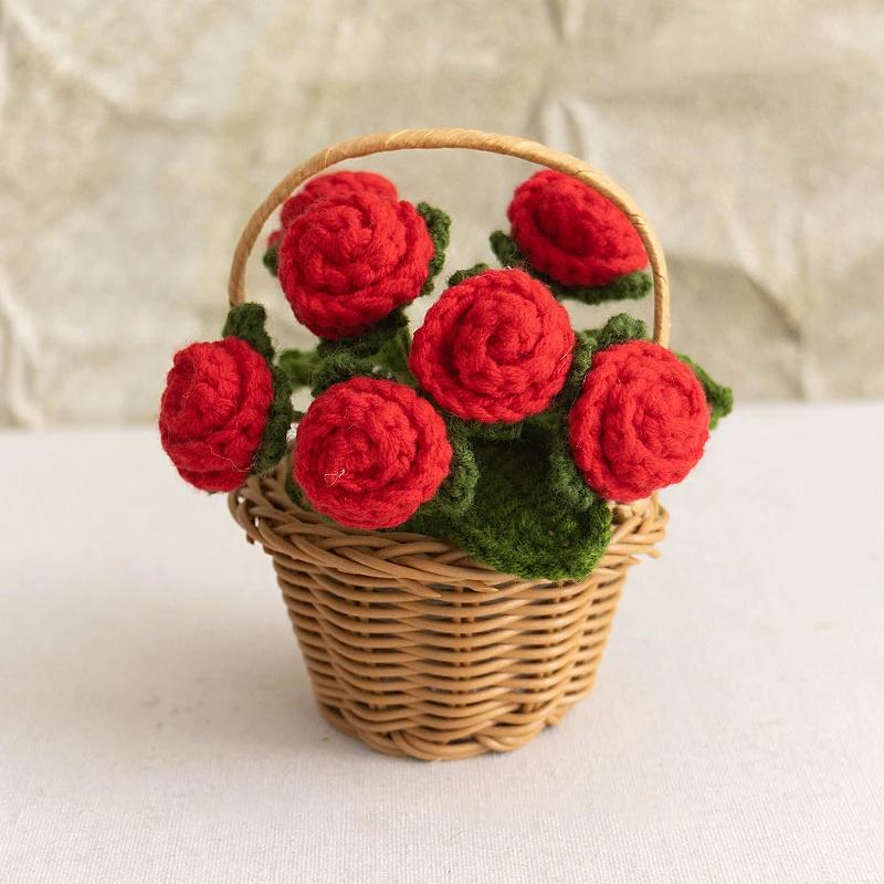 Fiore all'uncinetto fatto a mano con cestino Carino Finito Tessuto Girasoli Margherita Rosa Fiori Piccoli Pianta Decorazione da Scrivania