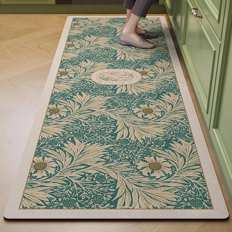 PVC Kitchen Floor Mat Leather Waterproof Non-slip Foot Mats Long Carpet Flower Plant Flowers Pastoral Style Home Decoration Rug