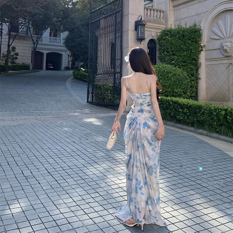 Hainan Sanya seaside vacation pure desire long dress French printing tie-dye tube top suspender dress women's summer