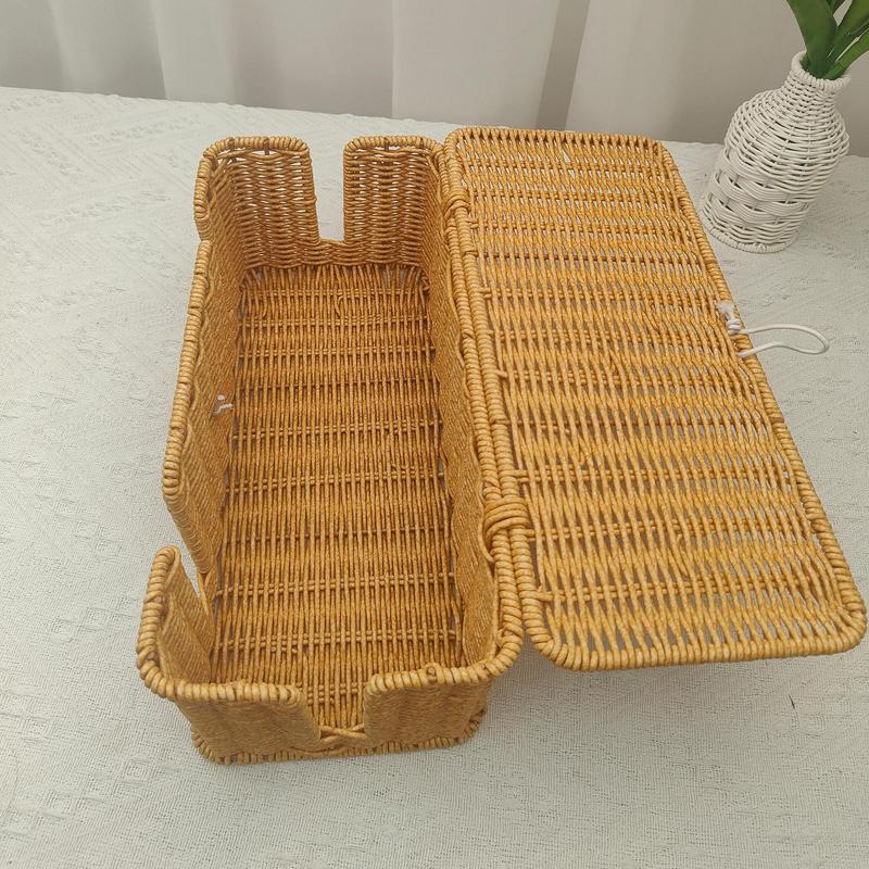 Handwoven Cable Management Box 4 Open Slots Imitation Rattan Cord Organizer For TV Wires, Computer, Router, USB Hub