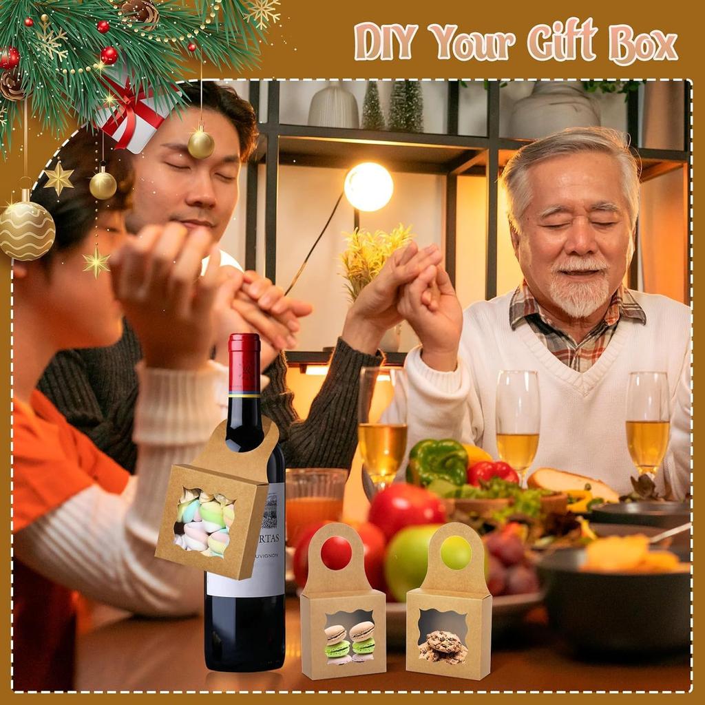 25Pcs Kraft Paper Wine Bottle Box with Window Handles Hanging Foldable Gift Wine Boxes for Decoration Bottle Hanger Favor Box Mini Charcuterie Boxes