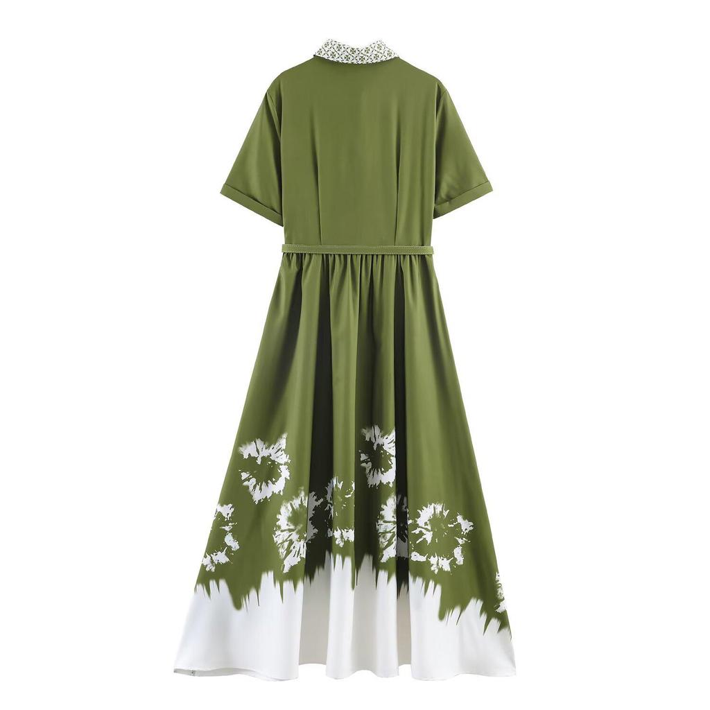 Europäisches Frühlings-Schmal geschnittenes langes Kleid mit Gürtel, Revers, Aufdruck und Patchwork