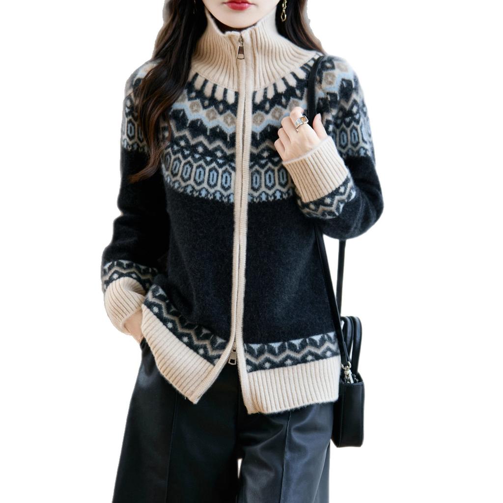 Retro Double Zipper Thick Floral Blouse for Winter, A Warm Sweater Coat for Women