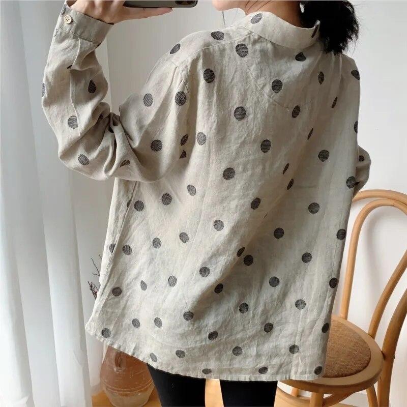 Johnature Summer Vintage Wave Point Women Tops Shirts Casual All Match Turn-down Collar Sun Protection Blouses