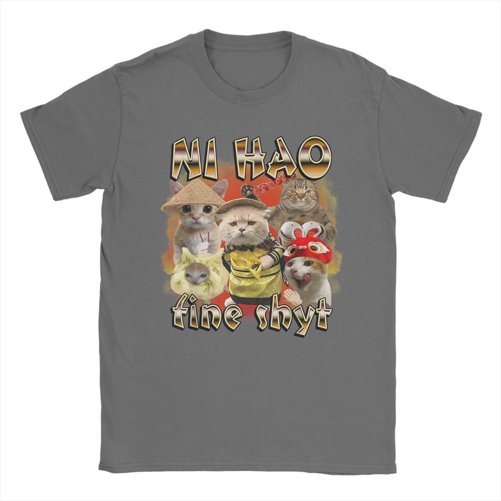Men's T-Shirt Ni Hao Fine Shyt Funny Brainrot Meme Funny 100% Cotton Tee Shirt Short Sleeve Cute Cat T Shirts Clothing Graphic