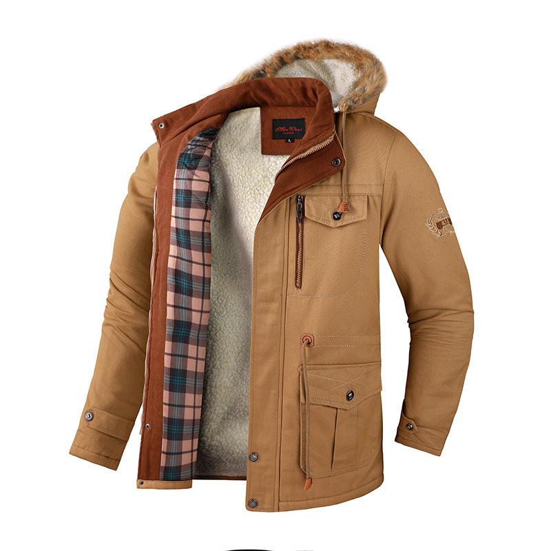 Giacca Imbottita in Pile di Cotone Media e Lunga Casual Spessa Cappuccio Rimovibile Giacca da Uomo in Lana d'Agnello