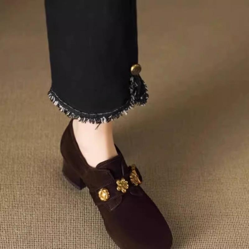 Fashion Women's 2025 Spring and Summer New Retro Versatile Deep Mouth Round Toe Block Heel Single Shoes Kitten Heel Loafers
