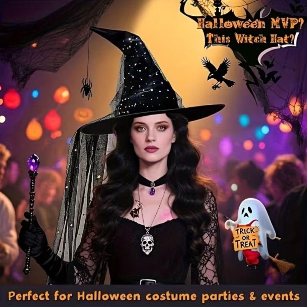 Mesh Yarn Cover Halloween Witch Hat With Veil Masquerade Cap Pointed Mage Hat Women's Costume