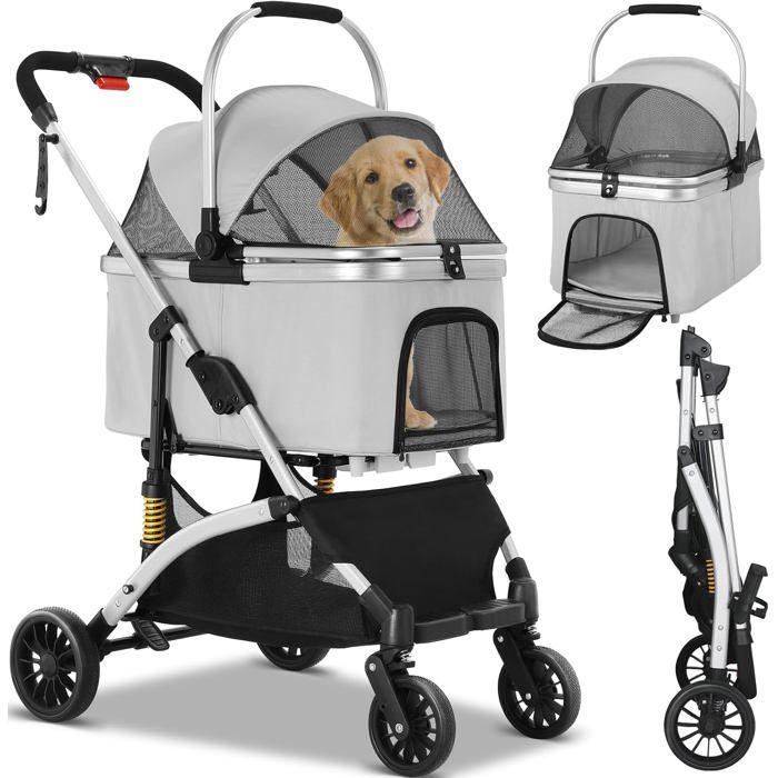 Foldable 3-in-1 Dog Cat Stroller, Pet Stroller with 360° Wheels, Storage Basket, Mesh Window, Cup Holder