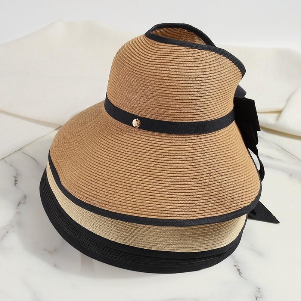 Bowknot Design Empty Top Sun Hat Round Wide Brim Hat Elegant Summer Straw Hat for Women