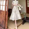Chinese Gentle Style Retro Sweet Button Up Dress for Women's Summer Oversized Cheongsam with Waistband Tie Up Long Skirt
