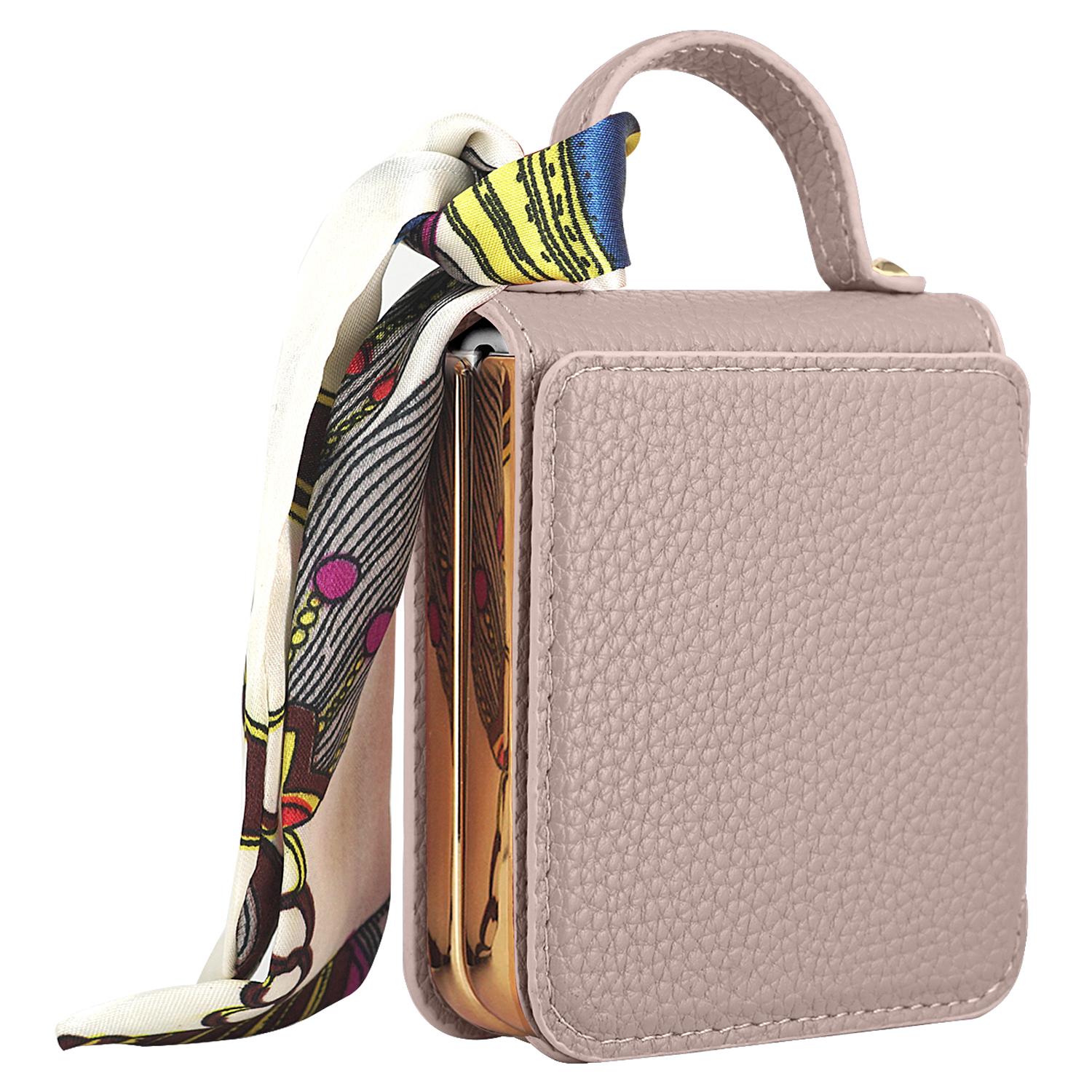 

For Samsung Galaxy Z Flip5 5G Case Folding Mirror PU Leather+PC Tote Phone Cover with Back Film Beige